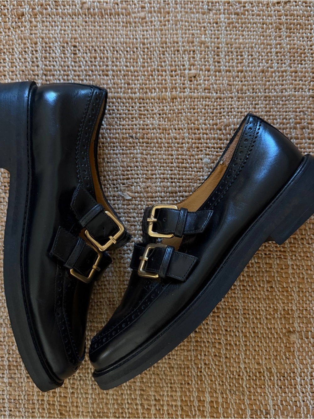 Sezane Black Double Monk Strap Loafers with Gold Buckles